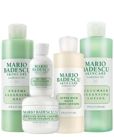 Mario Badescu MB Favorites Collection Skin Care Gift Set Includes SPF 17 Moisturizer Enzyme Cleansing Gel Cucumber Cleansing Lotion Hand Cream Body Lotion Cosmetic Bag & Compact Mirror