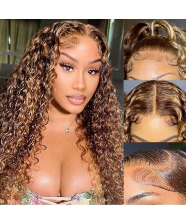 FABA 22 Inch Ombre Lace Front Wig Human Hair 13x4 Blonde Curly Wig Pre Plucked with Baby Hair Honey Blonde Lace Front Wigs Human Hair for Women(150% Density with Five Gifts) 22 Inch 4/27 Deep Wave