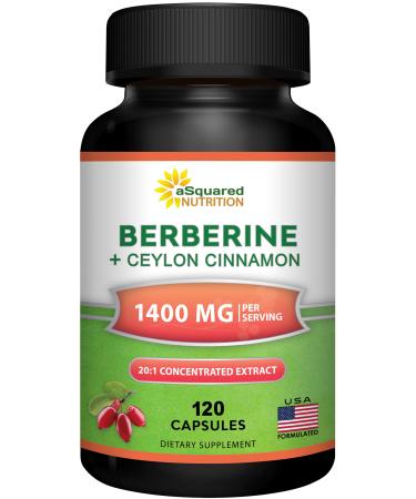 aSquared Nutrition Berberine with Ceylon Cinnamon Supplement - 1400mg Max Strength Complex - 120 Capsules - 1200mg HCl Powder Extract Plus Pills - Alternative to Gummies & Drops 120 Count (Pack of 1)