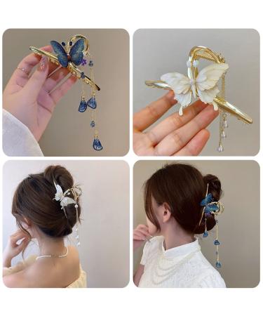2pcs Metal Butterfly Headdress Hair Clips Large Flower Tassel Claw Clip Super Flash Nonslip Hairpin