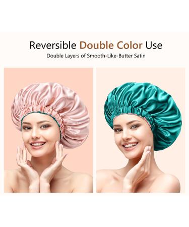 Mikimini Satin Hood for Curly Hair | Extra Large Double-Layer Sleep-Hair Hood | Stylish Green & Pink Silk Hood for Women - XL Size - Buy Online on GoSupps.com