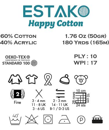 Estako Happy Cotton 60% Cotton 40% Acrylic Yarn - Dark Grey | Fine/Sport Weight for Crochet & Knitting | 1.76 Oz (50g) / 180 Yrds (165m) - Buy Online on GoSupps.com