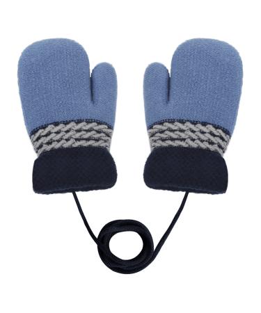 Toddler Kids Winter Warm Thick Plush Short Knitted Gloves With String for 1-3Yrs Blue&navy Blue