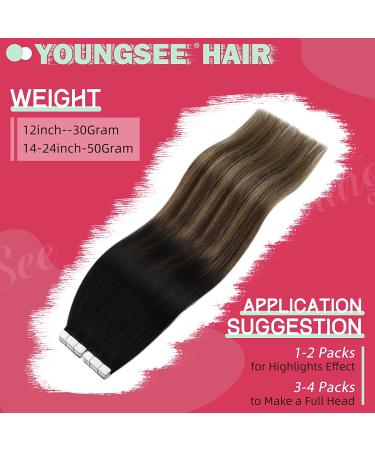 YoungSee 12 Ombre Tape in Human Hair Extensions - Natural Black to Dark Brown with Blonde - Remy Seamless Tape ins for Short Hair - 30g 20pcs - Pack of 1 - Buy Online on GoSupps.com