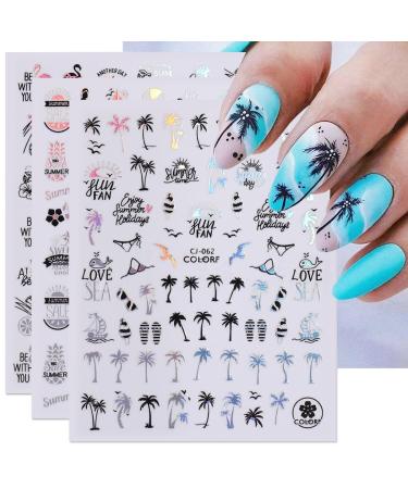 Summer Nail Art Stickers Decals Summer Palm Tree Nail Stickers Fun Summer Stickers for Nails 6PCS Starfish Beach Tropical Coconut Tree Design Manicure Decals Sliders for Summer Nail Art Decorations Style11