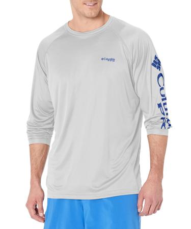 Columbia Men's Terminal Tackle Long Sleeve Shirt Cool Grey/Vivid Blue Logo Large