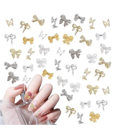 3D Bow Nail Charms 80 Pcs Gold Silver Metal Nail Art Bow Gems Cute Hollow Butterfly Nail Art Charms Luxury Nail Jewelry Nail Art Decorations for Nail Design DIY Crafts (Bow)