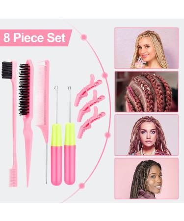 Sweet View Crochet Needles Set - 2 Crochet Needles Edge Brush Bristle Brush Rat Tail Comb & 3 Pink Hair Clips for Effortless Hair Styling - International Shipping Available - Buy Online on GoSupps.com