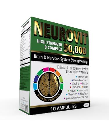 Neurovit 50 000 High Strength Vitamin B Complex Liquid Supplement Brain & Nervous System Strengthening 10 Ampoules 3.4 fl oz (100ml) Rapid Absorption Non-GMO Gluten-Free
