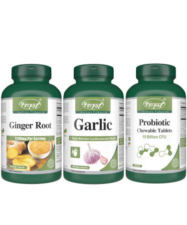 VORST Ginger Root 180 Vegan Capsules and Garlic 180 Vegan Capsules and Probiotic 10 Billion 200 Chewable Tablets | Digestive Health Supplements | (Combo Bundle 3 Bottles)