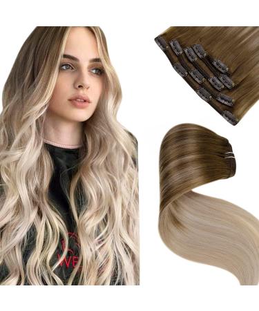 LAAVOO Clip in Hair Extensions Real Human Hair Ombre Light Brown to Ash Blonde Mix Platinum Blonde Balayage Remy Human Hair Clip in Extensions For Women 16 inch 5Pcs/80g 16 Inch # 1 8/18/60 HOT