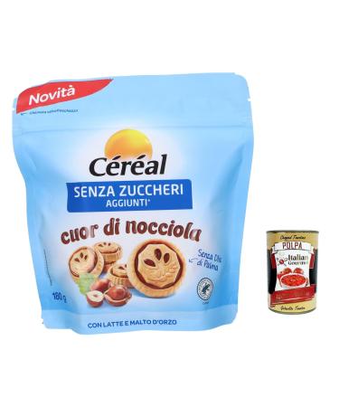 Italian Gourmet E.R. Lot of 6 Cereal hazelnut heart biscuits without added sugar without sugar with creamy hazelnut heart 180 g + Italian Gourmet pulp 400 g