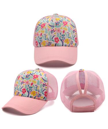 Girls Pony Hat Distressed High Ponytail Messy Bun Baseball Caps Kids Trucker Floral Sun Protection Hats Biking Cap(4-10years) Pink Flower