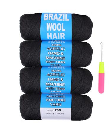 COOKOO 4 Roll Natural Black Brazilian Wool Hair Acrylic Yarn for African Crochet Hair Jumbo Braids Senegalese Twisting Knitting Hair Braids Faux locs Spiral Corkscrews Braids Twist Wraps 70G/Roll(1B) 4 Roll 1B
