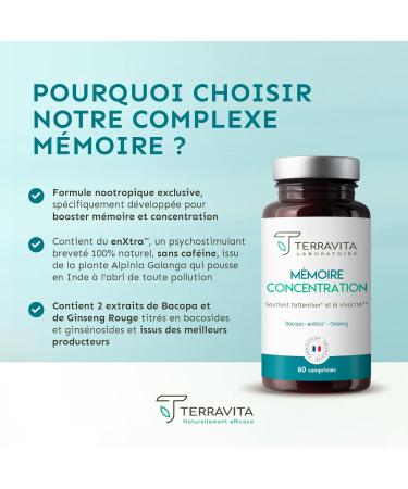 Memory Concentration | Korean Red Ginseng + Bacopa + EnXtra Patented Active | 5 Hours of Vivacity and Intellectual Clarity | Nootropic Caffeine Free | 60 Tablets | Made in France Terravita - Buy Online on GoSupps.com