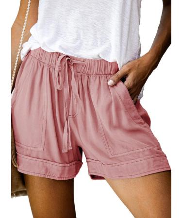 ANGGREK Womens Elastic Waist Casual Drawstring Shorts Summer Beach Shorts Comfy Ruffle Hem Short Pants with Pockets 1-pink XX-Large