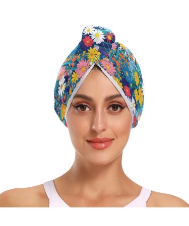 Midsummer Meadows Hair Towel 2 Pack Super Absorbent Hair Drying Towel Quick Dry Hair Turbans Head Towel with Button Twisty Wrap for Women Girls
