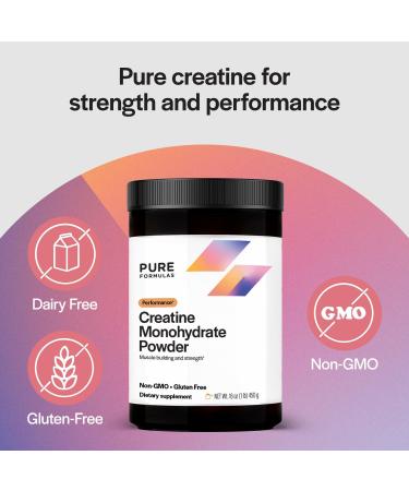 PureFormulas Creatine Monohydrate for Muscle Growth, Creatine Monohydrate Powder, 90 Servings, 16 Oz (1 lb) 450 g, Dairy-Free, Gluten-Free, Non-GMO, Enhance Athletic Performance & Strength - Buy Online on GoSupps.com