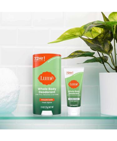 Lume Whole Body Deodorant - Invisible Cream Tube Mini and Solid Stick - 72 Hour Odor Control - Aluminum Free Baking Soda Free Skin Safe - 0.5 Oz Mini Tube + 2.6 Oz Solid Stick (Fresh Alpine) - Buy Online on GoSupps.com