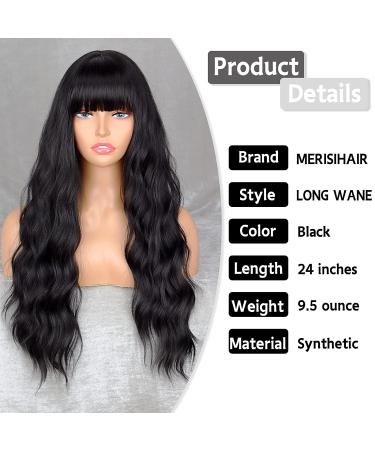 MERISIHAIR 24 Long Black Synthetic Wavy Wig with Bangs for Women - Heat Resistant, Cosplay Selena Style - Buy Online on GoSupps.com