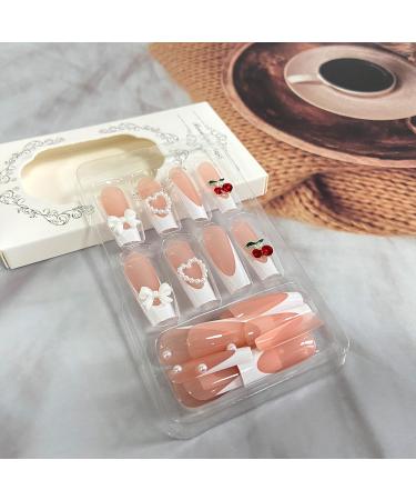 3D Cherry Bow Pearl Press On Nails | Extra Long Square French Tip | Glossy Full Cover Reusable False Nails for Women - Nail Art - Buy Online on GoSupps.com