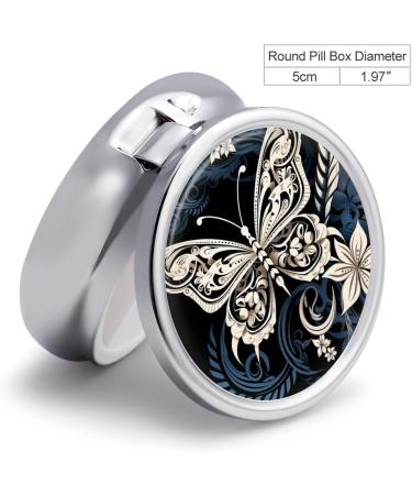 Round Pill Box with White Butterflies & Tribal Print - 3 Compartment Portable Medicine Organizer | Decorative Metal Pocket Pill Case Style-34 - Buy Online on GoSupps.com
