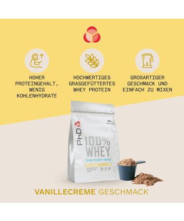 PhD Nutrition 100% Whey Protein Powder - Premium Grass-Fed 20g Protein & 5.6g BCAAs Vegetarian Muscle Support 1kg Vanilla Cream - 40 Servings - Buy Online on GoSupps.com