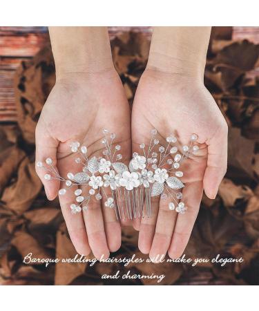 Handsess Bridal Wedding Flowers Hair Comb Silver Rhinestone Hairpieces Leaf Bridal Side Combs Pearl Wedding Hair Accessories for Women and Girls - Buy Online on GoSupps.com