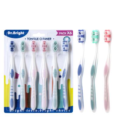 Toothbrush Medium Adults Medium Toothbrushes for Adults with Tongue Scraper Travel Toothbrushes with Ergonomic Handle Assorted Colors 6 Pack