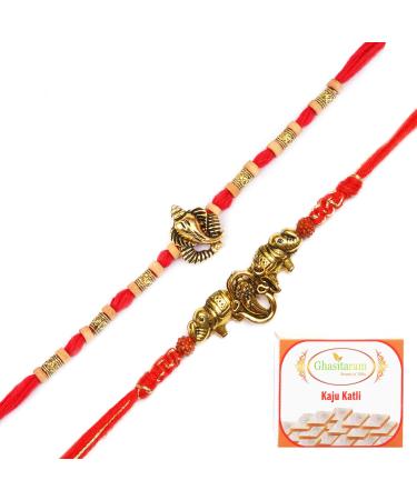 Ghasitaram Gifts Rakhi for Brother Rakhis Online - Set of 2 LD-9923 and LD-84 Om Ganesh Divine Rakhis with 200 GMS of Kaju katli
