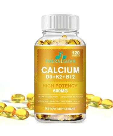 Extra Strength 4-in-1 Calcium 600mg + Vitamin D3 5000iu + K2 + B12 Natural Supplement Complex for Bone and Immune Health 2 Month Supply 120 Softgels