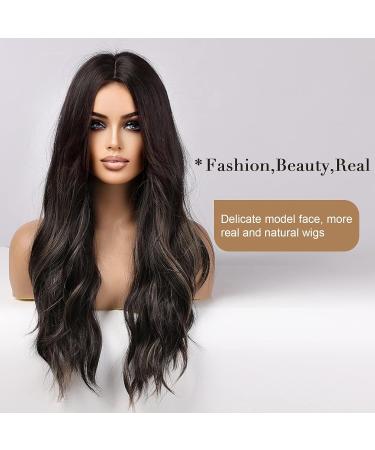 EMMOR 26 Long Black Wig for Women - Natural Synthetic Hair, Curly Wavy Style with Blonde and Black Highlights - Buy Online on GoSupps.com