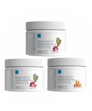 Consult Health Primo Beets Beet Root Powder Drink Mix with Nitrates Daily Circulation Support with Ginger and Turmeric 3 Pack of Flavors Cherry Natural Tropical Punch 6.5 oz Each
