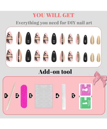 Dark Green Almond Press on Nails with Gold Line & Leaf Design | 24Pcs Matte & Glossy Acrylic Fake Nails for Women & Girls - Buy Online on GoSupps.com