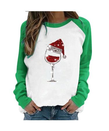 Yck-SAiWed Womens Long Sleeve Shirts Printed Tops Christmas Red Wine Glass Graphic Sweatshirts Lightweight Casual Blouses Green-b X-Large