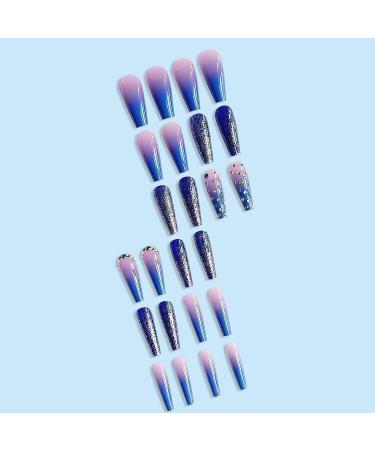 IMSOHOT Long Gradient Purple Coffin Press on Nails - Acrylic Glitter Diamond False Nails for Women | Blue Ballerina Glue On Nails - C-002 - Buy Online on GoSupps.com