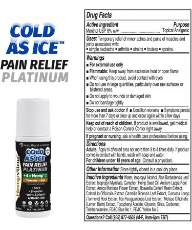 Hempvana Roll On Cold As Ice Platinum Fast Pain Relief for Knees Neck Hips Shoulders Back + Arthritis Pain Relief w/Hemp Seed Oil AS SEEN ON TV Cooling Menthol - Buy Online on GoSupps.com