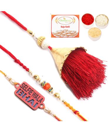 Ghasitaram Gifts Rakhi for Brother Rakhis Online - Set of 3 Bong of Blessings Bhaiya Bhabhi Rakhi and Selfiewala Bhai Kids Rakhi with 400 GMS of Kaju katli