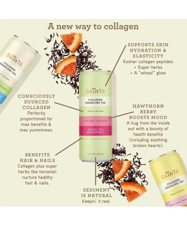 SKINTE Collagen Sparkling Tea Variety Pack - 3000mg Collagen Peptides, Super Herbs & Antioxidants - Hair, Skin, Nail Benefits - Zero Sugar, Non GMO - 12 oz x 12 - Buy Online on GoSupps.com