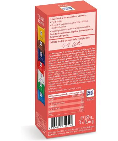  Ritter Sport RITTER SPORT Mini Tower Colorful Variety Mix Chocolates 7 Flavors: Milk Chocolate Hazelnuts Corn Flakes Cornflakes Gianduia Yogurt and Biscuit Stuffing 9 pieces 150 g - Buy Online on GoSupps.com