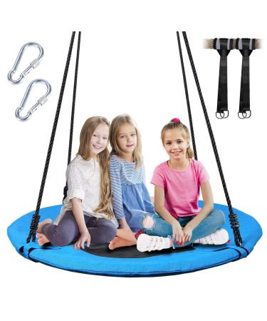 Saucer Tree Swing for Kids, 40 Inch Tree Swing with Hanging Straps Kit Holds, Tree Protector and Adjustable Straps, Tree Disc Swing for Kids Outdoor Blue