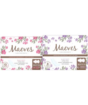 Maeves Ultra Thin Sanitary Pads for Women Silky Soft Highly Absorbent Pads with Wings 2 Absorption Levels for Heavy and Overnight Flows - 18 Count (Super + Overnight)