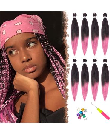 Feshfen Pre Stretched Extension Hair for Braids 65 cm 8 pieces Presed Braid Hair Extensions Yaki Texture Synthetic Hair Extensions EZ BraIiding Hair Hair extension from black to pink 65 cm (8 Pack)/Pink