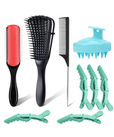 Detangling Brush Set for Curly Hair, Detangler Hair Brush with 9 Row Cushion Nylon Bristle, Shampoo Brush Scalp Massager, Rat Tail Comb Styling Brush Set Include 5 Hair Clips for Women Men Kids Wavy Natural Thick Thin Wet …