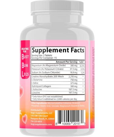 Angry Supplements Better Booty Creatine Tablets for Women Creatine Monohydrate Pills w. L-Glutamine Collagen BCAA's + Hydration Blend for Energy Focus Workout Fitness Support (45ct) 45 Count (Pack of 1) - Buy Online on GoSupps.com