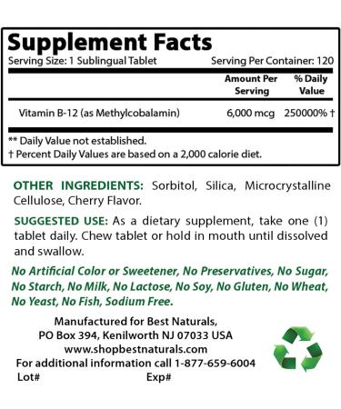 Best Naturals Vitamin B12 6000 mcg 120 Tablets - Natural Vitamin B Supplement - 120 Count - Buy Online on GoSupps.com