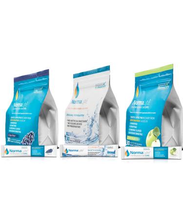 NormaLyte Oral Rehydration Salts-Helps Dietary Management of POTS Syndrome Symptoms- 3 Pouches -30 Sticks Each-Grape Apple & Pure| Energy Supplements Potassium Supplement Dehydration Recovery