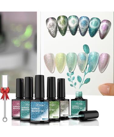 Kredioo Auroras Cat Eye Gel Nail Polish 6 Colors Magnetic Galaxy Gel Nail Polish Holographic Cat Eye with Magnet Snowlight LED UV Gel Polish Dark Black Gel Polish Base Needed