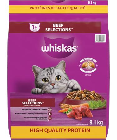WHISKAS Adult Dry Cat Food - Beef Selections Flavour 9.1kg Bag & Perfect Portions Adult Wet Cat Food - Chicken Beef Whitefish and Tuna Salmon 75g Trays (24 Pack) - Buy Online on GoSupps.com
