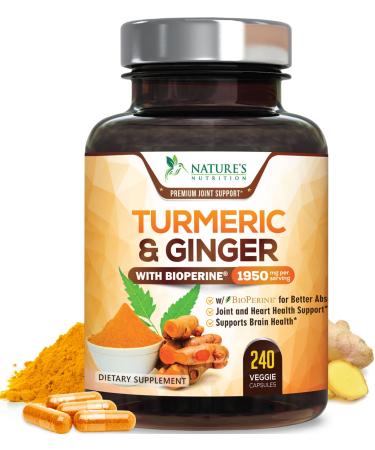 Turmeric Curcumin Supplement 1950mg - 95% Curcuminoids with Organic Turmeric & Ginger BioPerine Black Pepper for Best Absorption Nature's Vegan Joint Support Non-GMO Bottled in USA - 240 Capsules 240 Count (Pack of 1)
